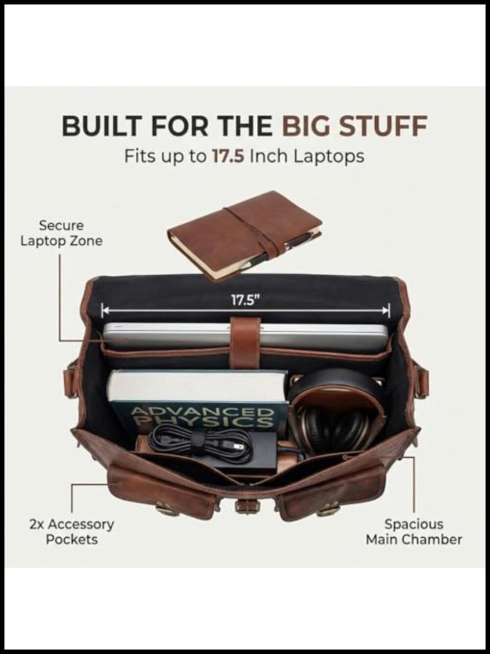 Handmade Full-Grain Leather Laptop Messenger Bag for 14-Inch Computer Work - Picture 4 of 6